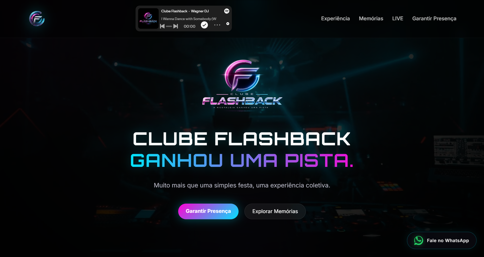Página do Clube Flashback com logo, player integrado e chamadas para garantir presença.