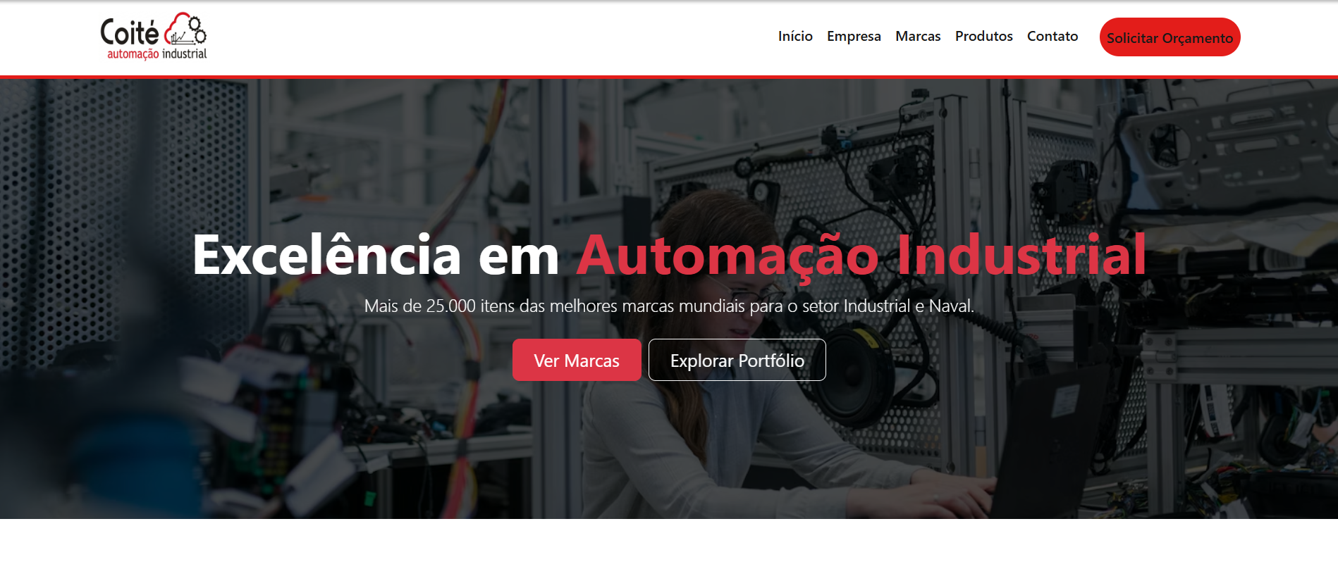 Página inicial do site da Coité Automação Industrial, com menu de produtos e marcas.