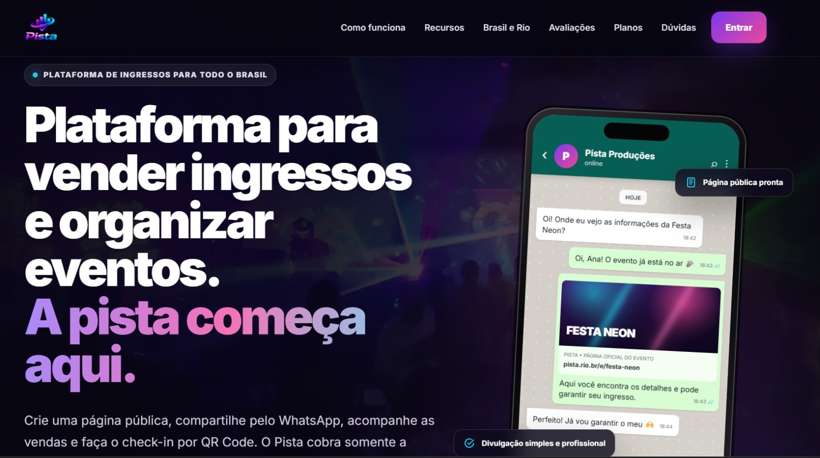 Plataforma Pista, sistema de venda de ingressos e organização de eventos desenvolvido pela WG WEB